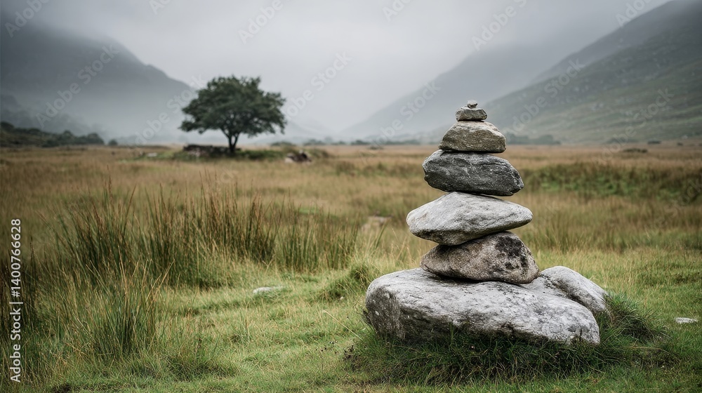 Balanced stone tower in misty highland valley ideal for mindfulness and travel concepts