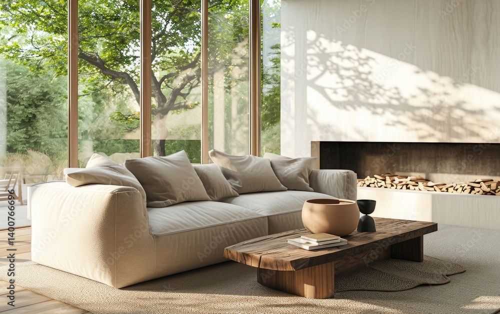 Modern Living Room Design With Beige Sofa And Fireplace