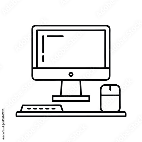 Simple Line Drawing of Desktop Computer with Monitor