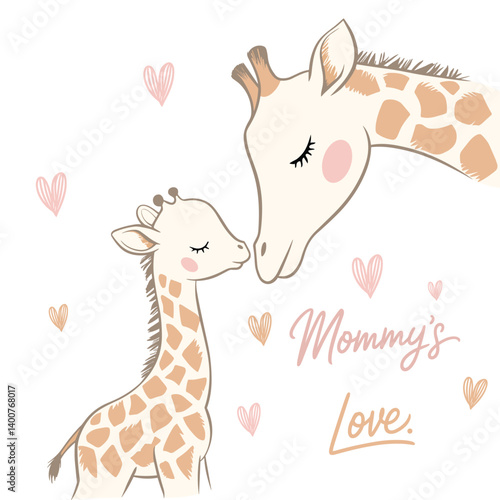 Cute illustration of mother giraffe and baby giraffe with hearts and text “Mommy’s Love” – sweet animal art for Mother’s Day, nursery decor, baby shower, parenting themes, and family love