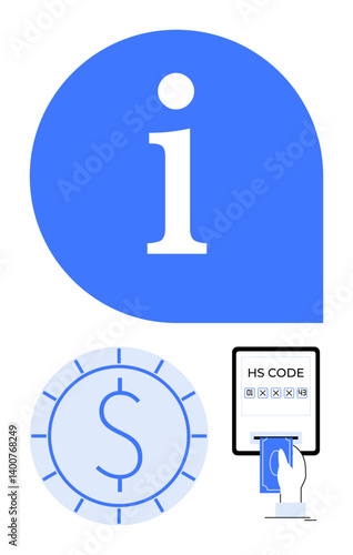 Blue information icon, dollar coin, HS code entry on touchscreen. Ideal for finance, trade, business assistance, data management, digital services, customer support flat simple metaphor