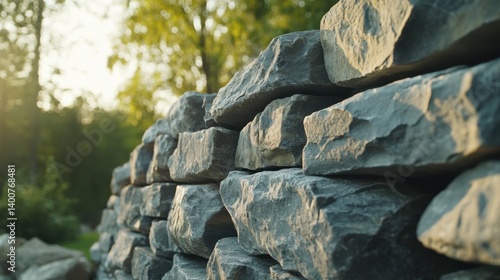 Mason building a stone retaining wall in a garden. Featuring durability and design