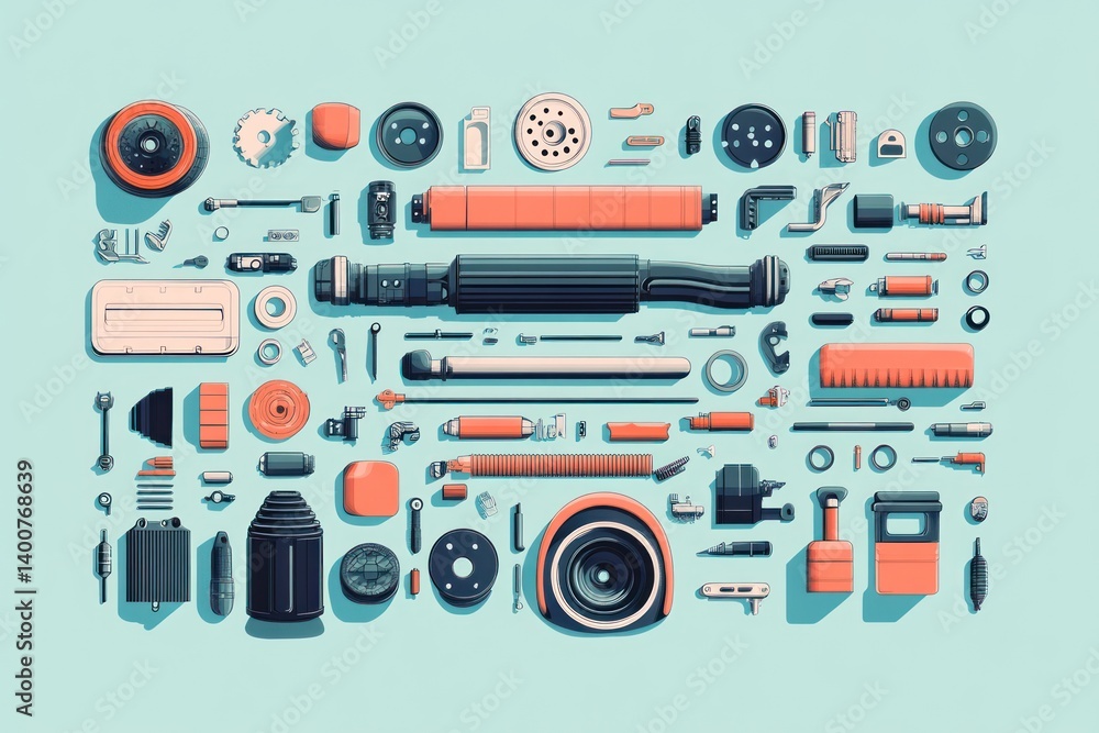 Flat-lay mechanical parts spread out on light blue background Flat-lay mechanical parts spread out on light blue background