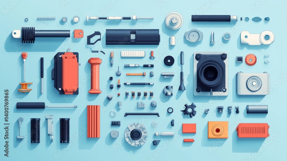 Flat Lay Mechanical Parts on Light Blue Background. Possible use Industrial Design Inspiration Flat Lay Mechanical Parts on Light Blue Background. Possible use Industrial Design Inspiration