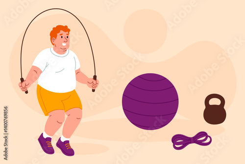 Boy jumping rope with fitness ball and kettlebell on beige background