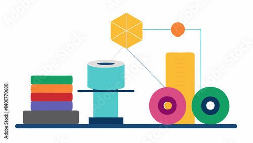 Material Selection An array of colorful material spools like resin or metal filament next to the printer highlighting different materials available for jewelry creation.