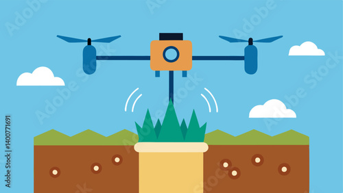 Growth Optimization A drone is analyzing the soil with sensors with graphs indicating nutrient levels and moisture content highlighting areas needing attention.