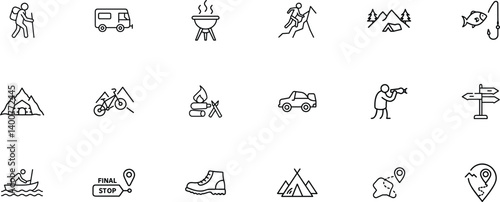 Outdoor adventure and camping outline icon set. Hiking, fishing, climbing, exploring nature, and other outdoor activities.