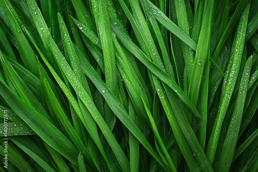 Fototapeta premium Grass with shimmering water droplets reflecting sunlight.