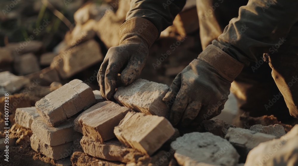 Mason laying bricks for a garden wall. Featuring skill and durability Mason laying bricks for a garden wall. Featuring skill and durability