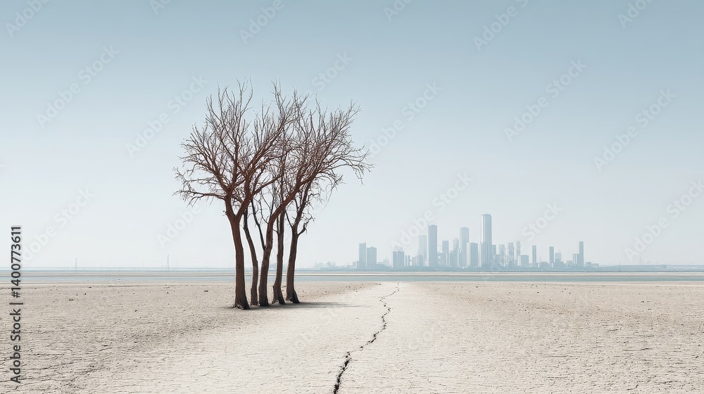 Desertification and tree dieback on cracked soil with urban skyline symbolizing climate-driven habitat loss