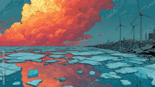 Melting sea ice and industrial skyline with wind turbines under burning sky reflecting global warming extremes