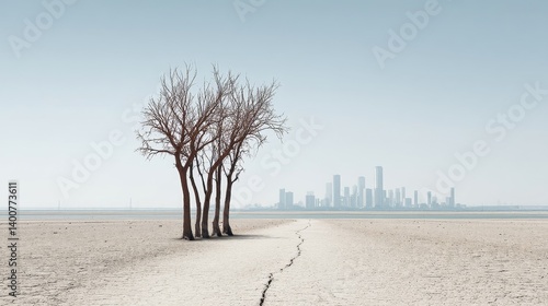 Obraz na płótnie Desertification and tree dieback on cracked soil with urban skyline symbolizing climate-driven habitat loss w salonie