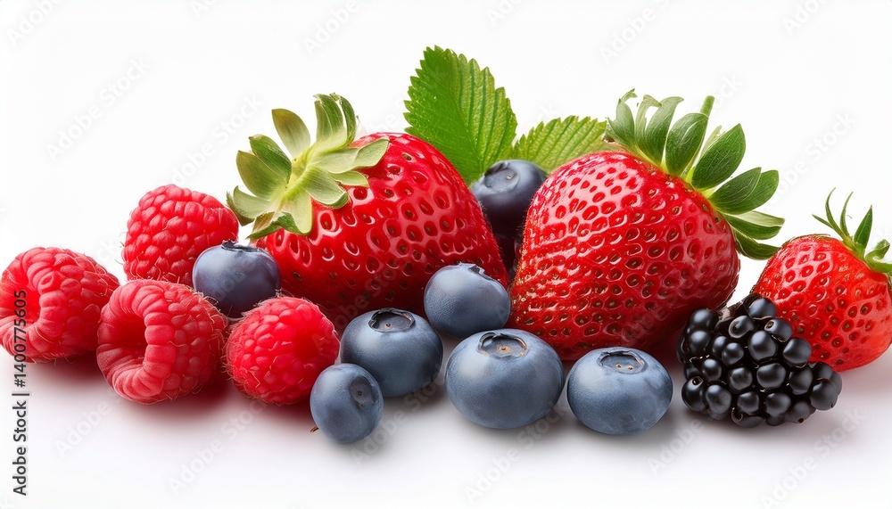 assorted berries including strawberries raspberries and blueberries isolated white background assorted berries including strawberries raspberries and blueberries isolated white background
