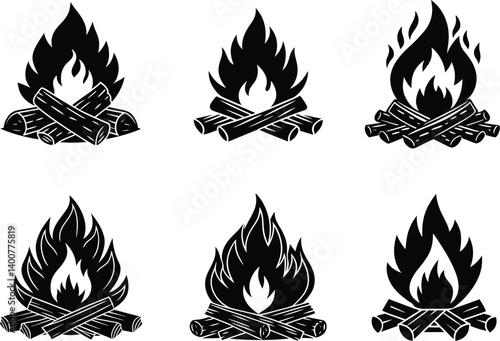 vector illustration of a fire icon set, fire line art silhouette icon, vector fire icon, outline art, laurel wreath on fire, on white background.