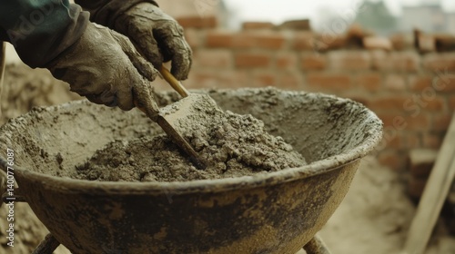 Wallpaper Mural Mason mixing cement for a brick wall construction. Featuring craftsmanship and preparation Torontodigital.ca