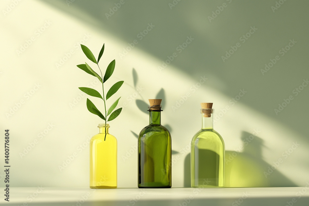 Green Plant with Decorative Bottles on Light Background