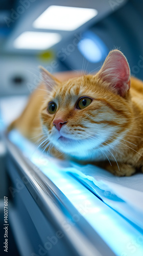 Orange tabby cat with captivating green eyes positioned inside a modern MRI or CT scanner