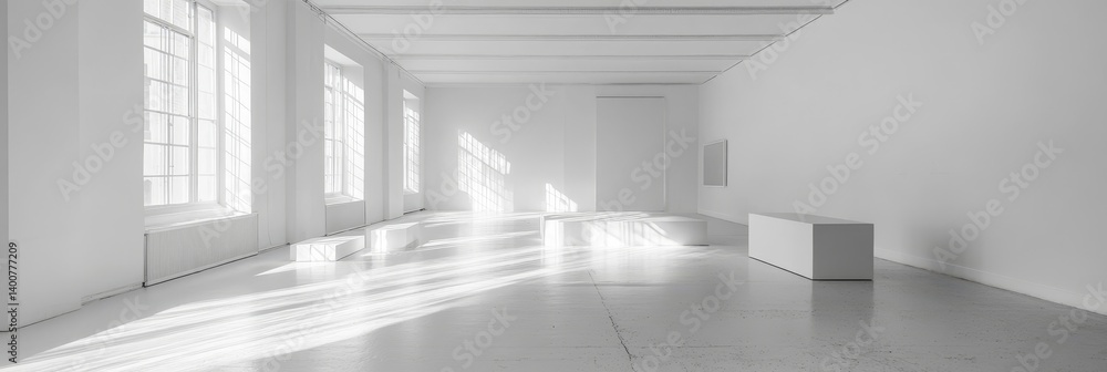 Fototapeta premium Empty white room with windows and light shining through. Cubes present.