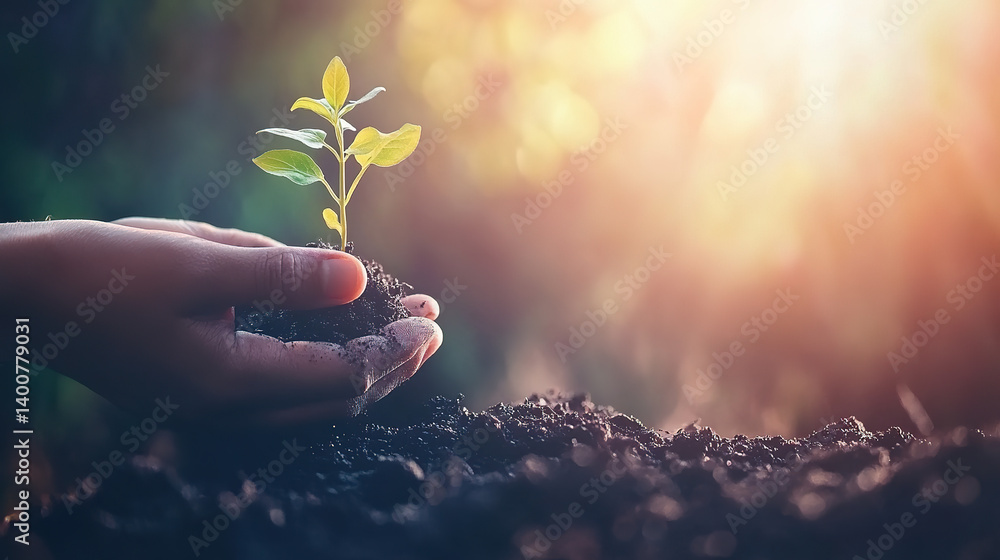 Fototapeta premium Hands holding a young plant on black soil with sunlight and bokeh background, perfect for World Environment Day or Earth Day banner design. Wide panorama with ample copy space for creative and eco-fri