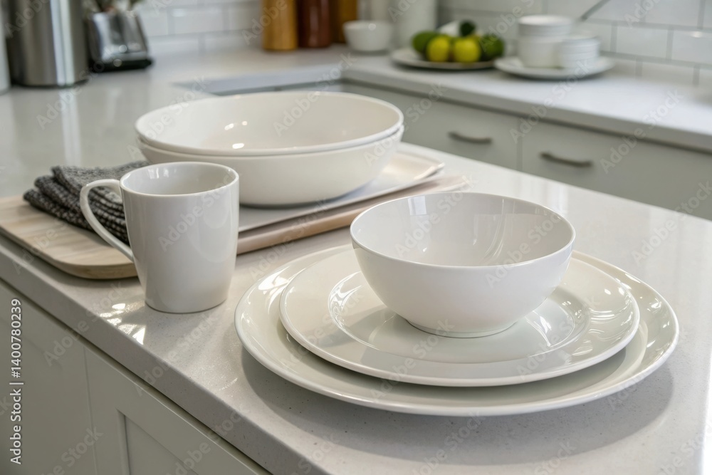 Elegant White Dinnerware Set on Minimalist Kitchen Counter with Fresh Fruits and Neat Cooking Utensils Elegant White Dinnerware Set on Minimalist Kitchen Counter with Fresh Fruits and Neat Cooking Utensils