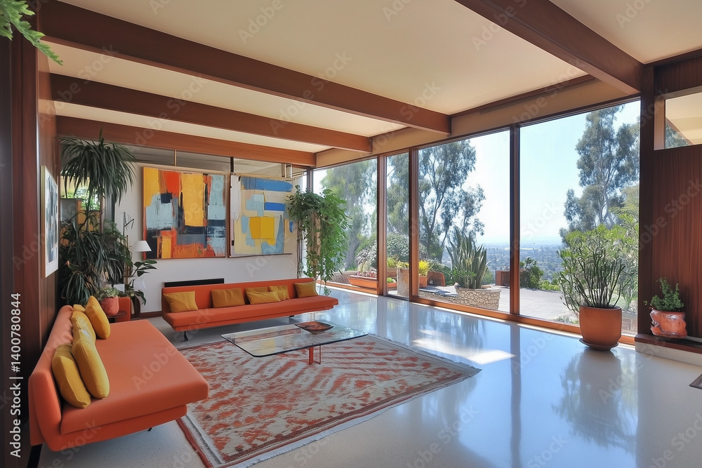 Spacious Living Area with Colorful Sofas and Large Panoramic Windows