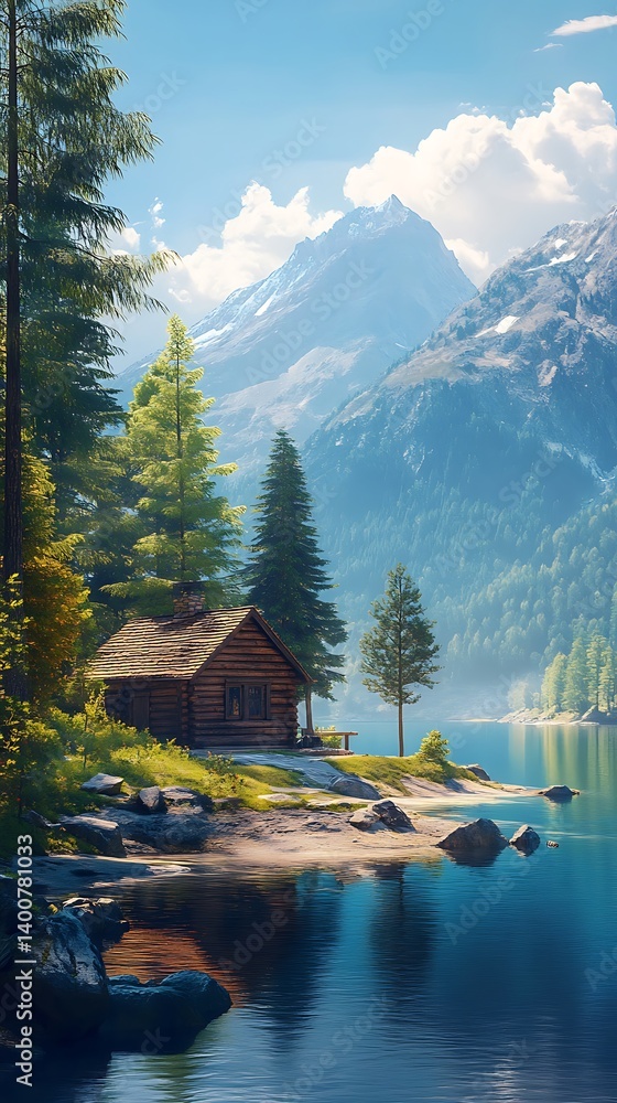 Fototapeta premium Serene Cabin Landscape Log House, Mountains, Lake, Trees, Peaceful Nature View