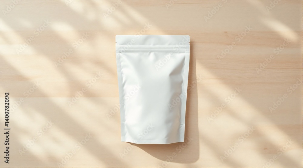 A clean white paper bag with a ziplock is placed on a wooden surface, with soft shadows enhancing its premium look. A clean white paper bag with a ziplock is placed on a wooden surface, with soft shadows enhancing its premium look.