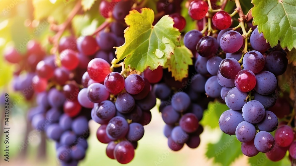 purple and red grapes hanging from a leafy grapevine. purple and red grapes hanging from a leafy grapevine.
