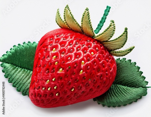 embroidered strawberry with green leave isolated transparent cutout
