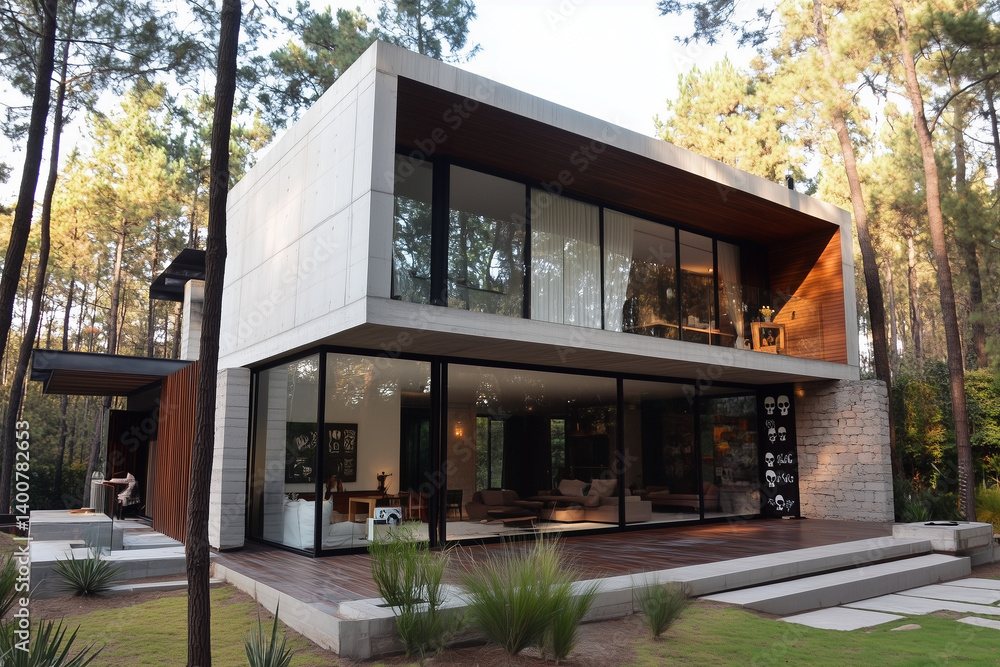 Modern House Exterior with Sleek Glass Walls and Greenery