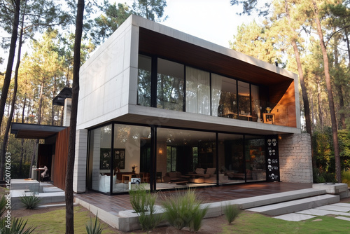 Obraz na płótnie Modern House Exterior with Sleek Glass Walls and Greenery w salonie