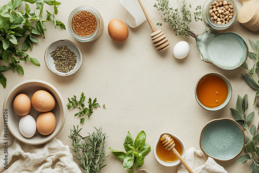 Rustic Kitchen Table with Fresh Eggs and Herb Arrangement