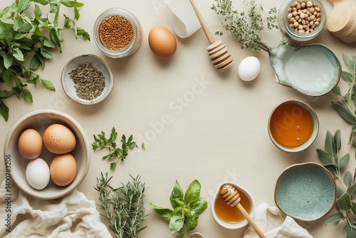 Obraz na płótnie Rustic Kitchen Table with Fresh Eggs and Herb Arrangement w salonie