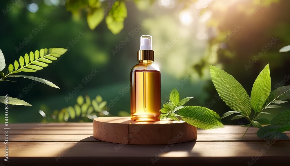 elegant botanical skincare essence bottle on wooden platform with sunlit leaves serum bottle mockup elegant botanical skincare essence bottle on wooden platform with sunlit leaves serum bottle mockup