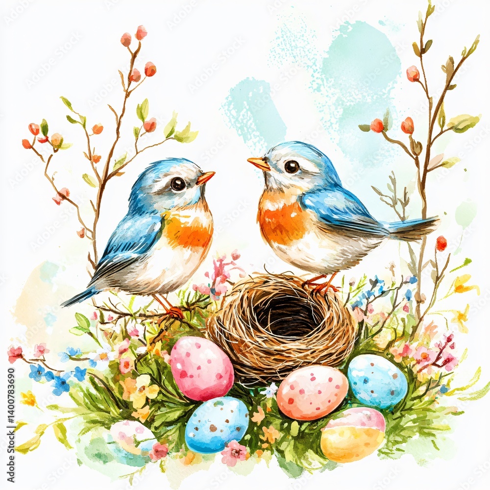 Obraz premium Easter day celebration with birds nesting amidst colorful eggs nature's garden illustrative art spring vibes cheerful scene