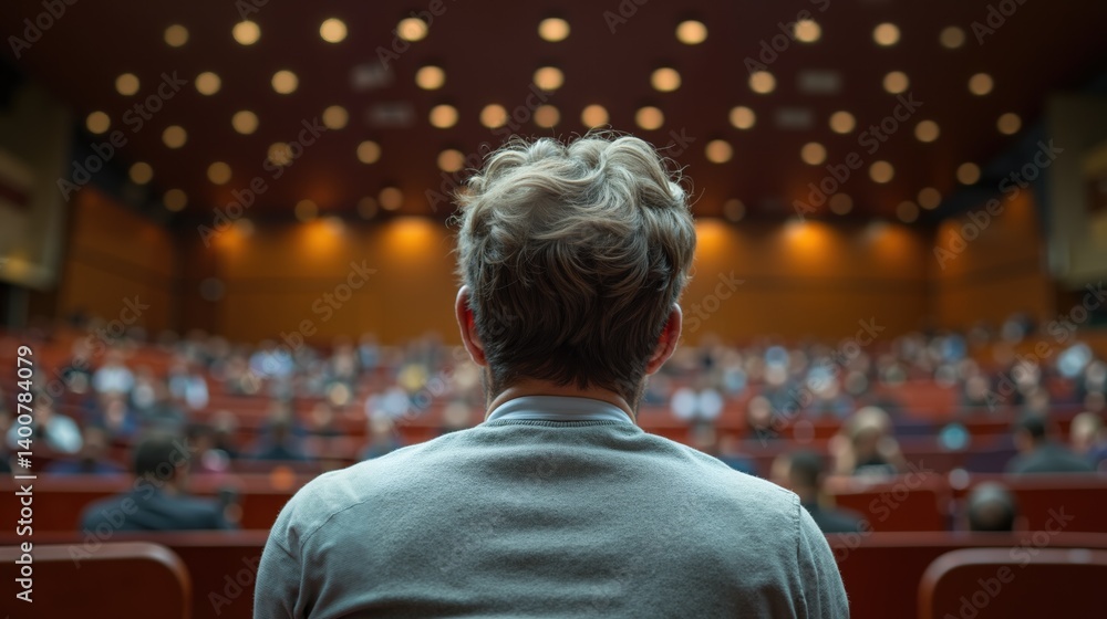 Fototapeta premium Male attendee with curly hair observes diverse audience in conference hall