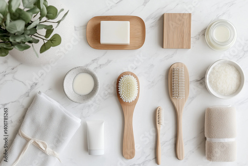 Obraz na płótnie Minimalist Spa Flat Lay with Wooden Tools w salonie