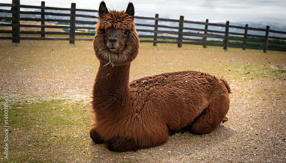 Obraz premium young dark brown alpaca in a kneeling position lama pacos