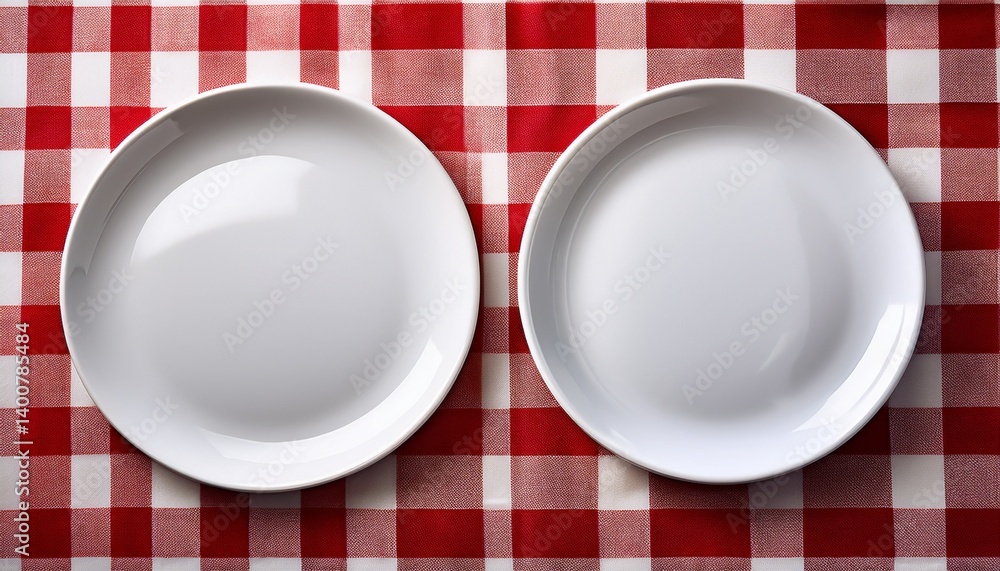 two empty white plates on red and white checkered tablecloth two empty white plates on red and white checkered tablecloth