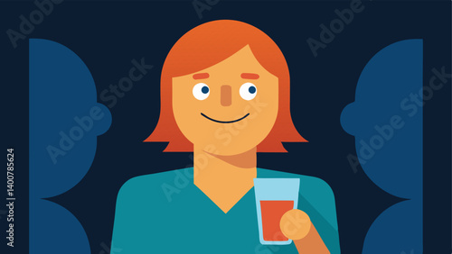 Inauthentic Happiness A person holding a drink at a party smiling widely for the camera while their reflection in the glass shows a frown ing the disparity between
