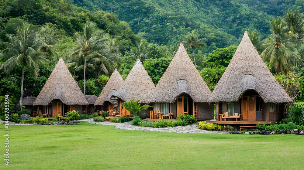 Obraz premium Row of Thatched Roof Bungalows Amidst Lush Greenery Tropical Island Resort with Traditional Architecture in a Rural Setting and a Bright Sunny Day