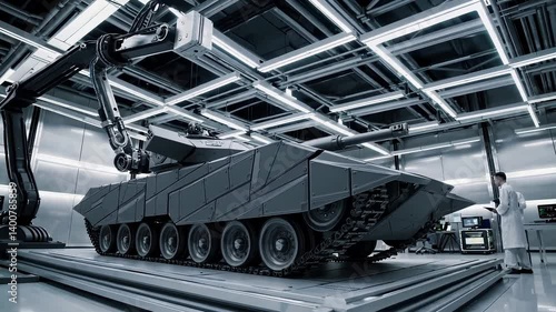 Advanced robotic assembly line constructing futuristic military tank in high-tech factory environment, modern warfare and defense technology concept