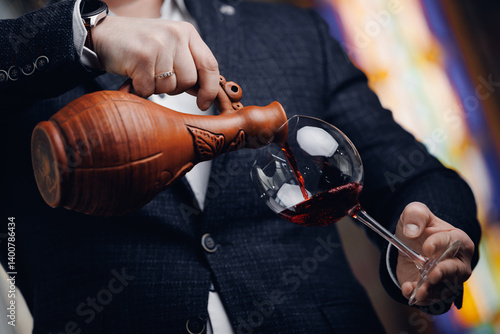 Fototapeta Sommelier pouring georgian red wine from clay decanter into glass
