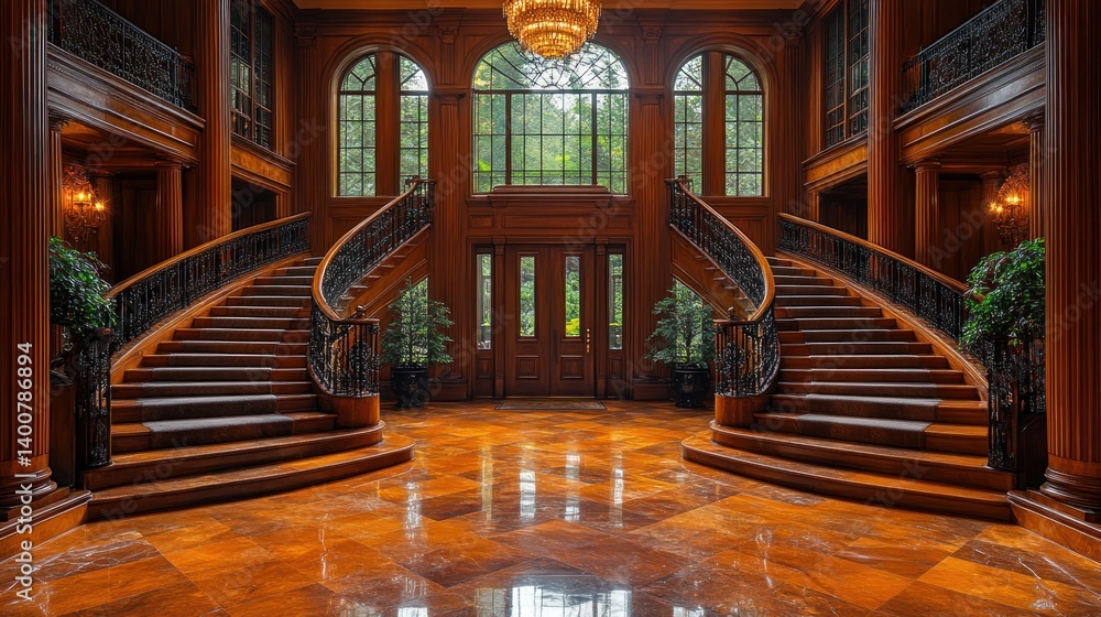 Obraz premium Grand Wooden Staircase in Luxurious Mansion