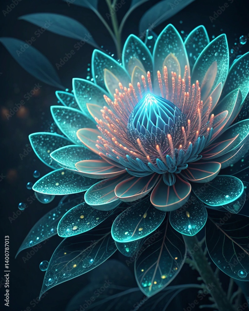 Obraz premium Digital Glowing Neon Flower – Futuristic Abstract Botanical on Dark Background