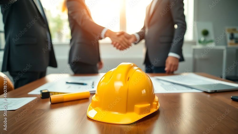 Yellow Safety Helmet on Table with Handshake in Background Teamwork and Construction Agreement Concept Yellow Safety Helmet on Table with Handshake in Background Teamwork and Construction Agreement Concept