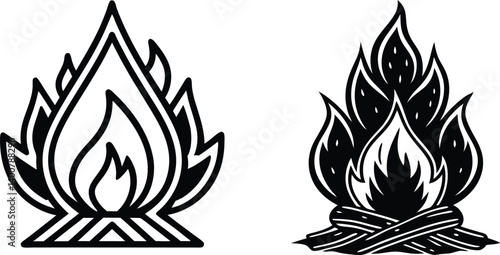 vector illustration of a fire icon set, fire line art silhouette icon, vector fire icon, outline art, laurel wreath on fire, on white background.
