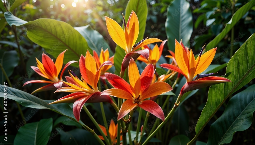 Vibrant orange flowers blooming in lush green background Vibrant orange flowers blooming in lush green background