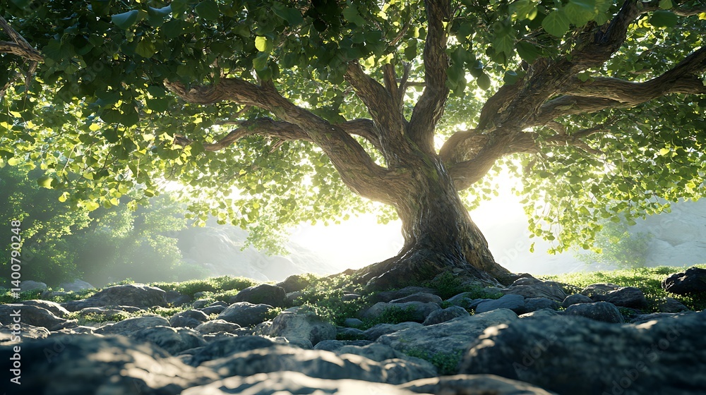 A majestic ancient tree, bathed in morning light, stands tall over a rocky landscape.